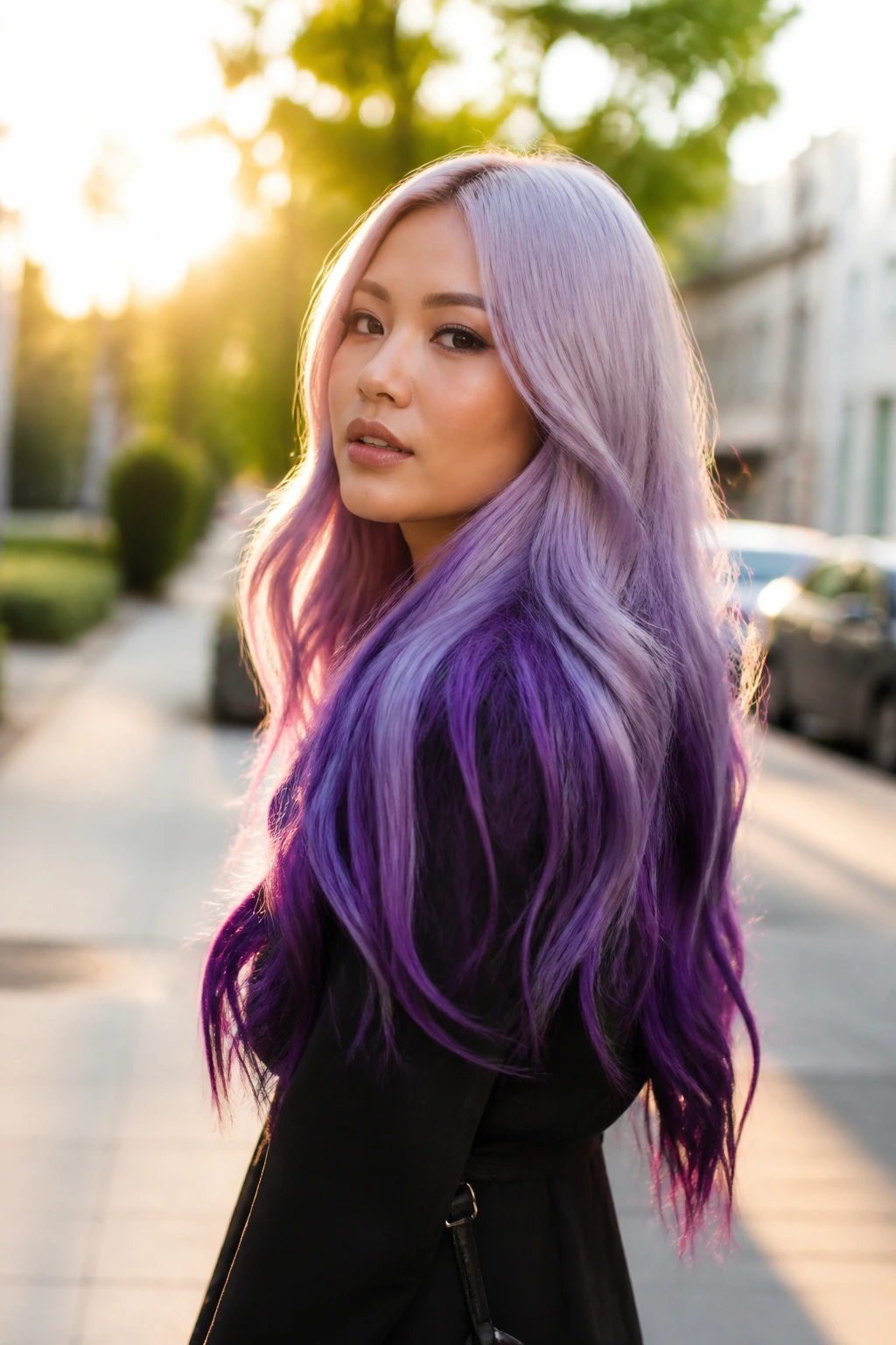 Portrait of a woman with long purple mermaid-length hair in golden hour light