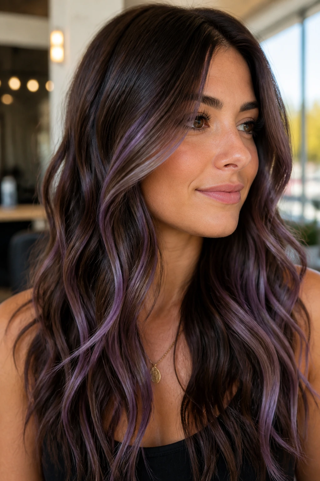 Close-up of brunette hair with purple ribbon highlights in a salon