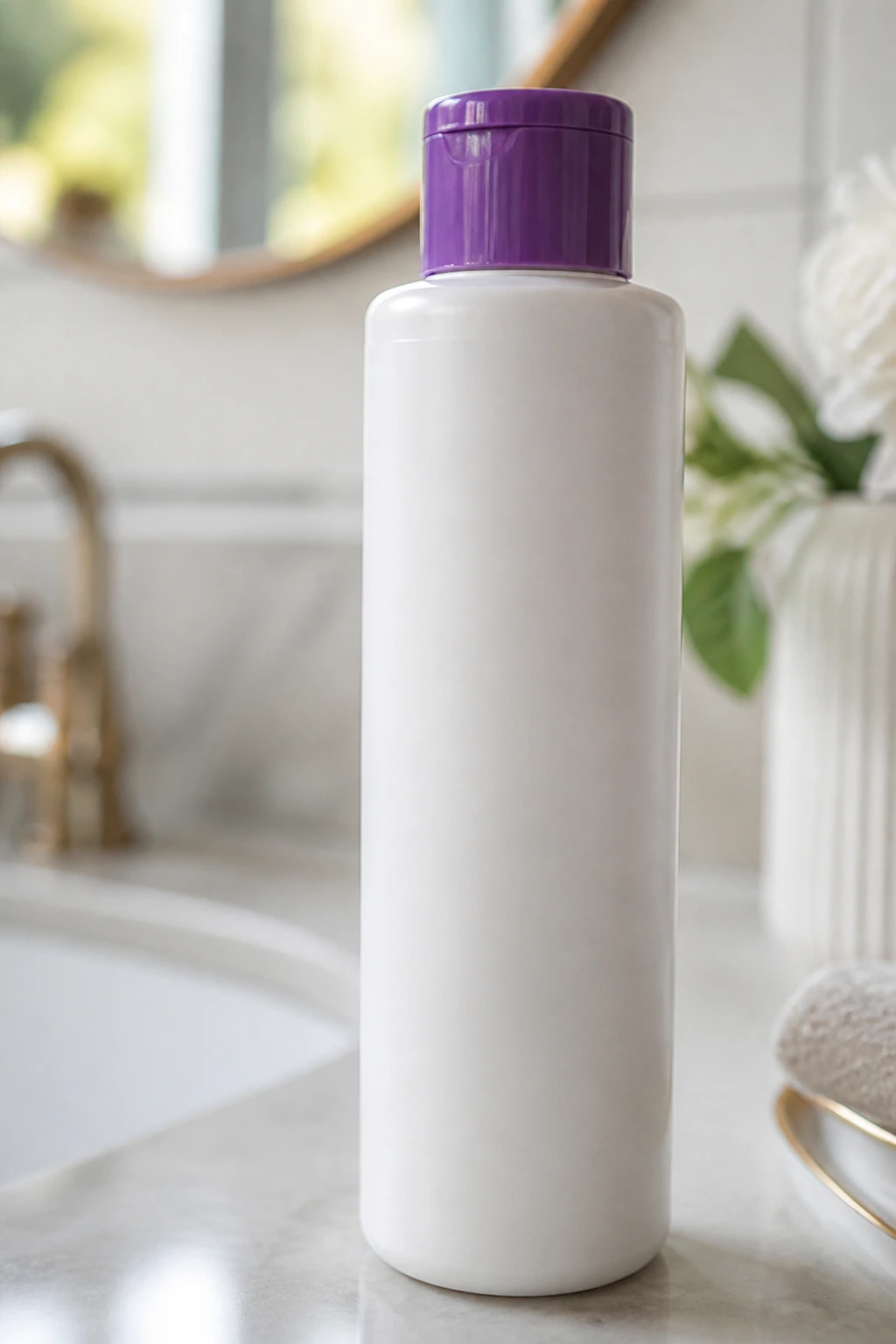 Plain white bottle with purple cap on bathroom counter