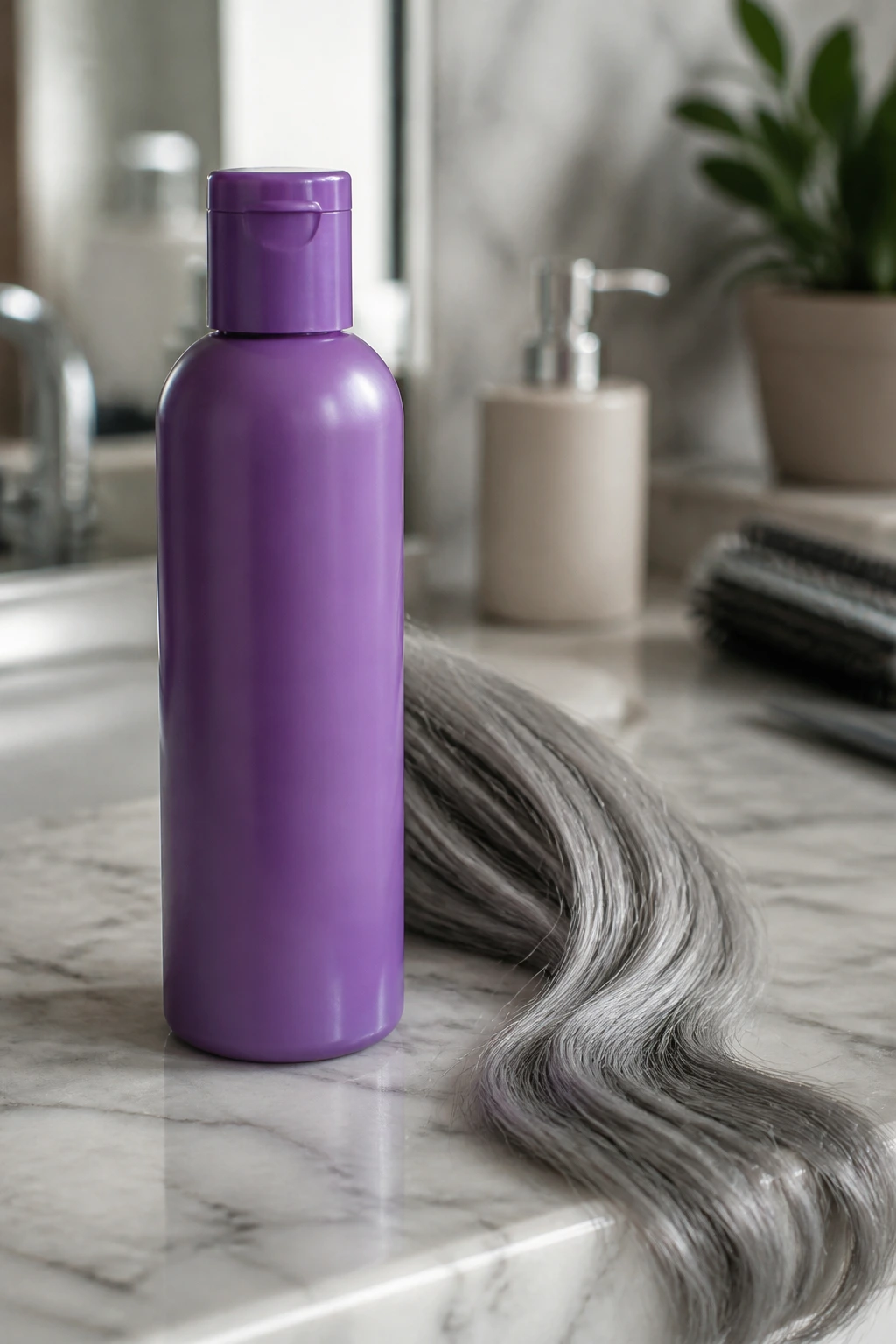 Unlabeled purple shampoo bottle with gray hair in soft bathroom light