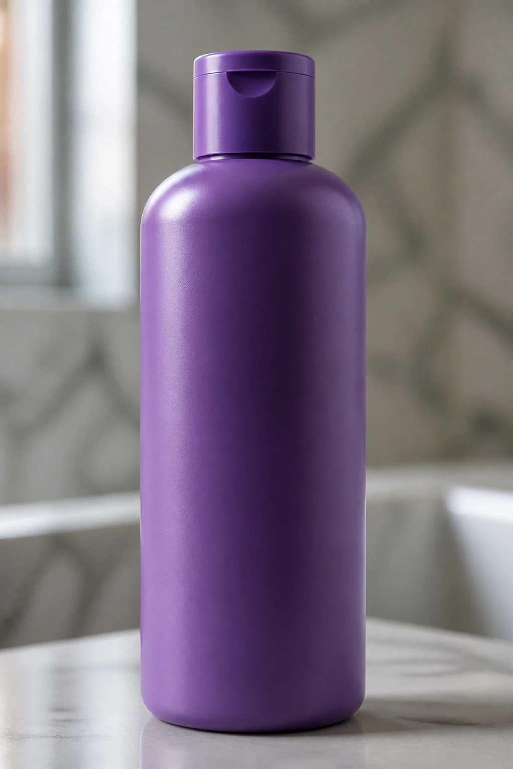 Purple shampoo bottle on bathroom counter representing essential silver care tools
