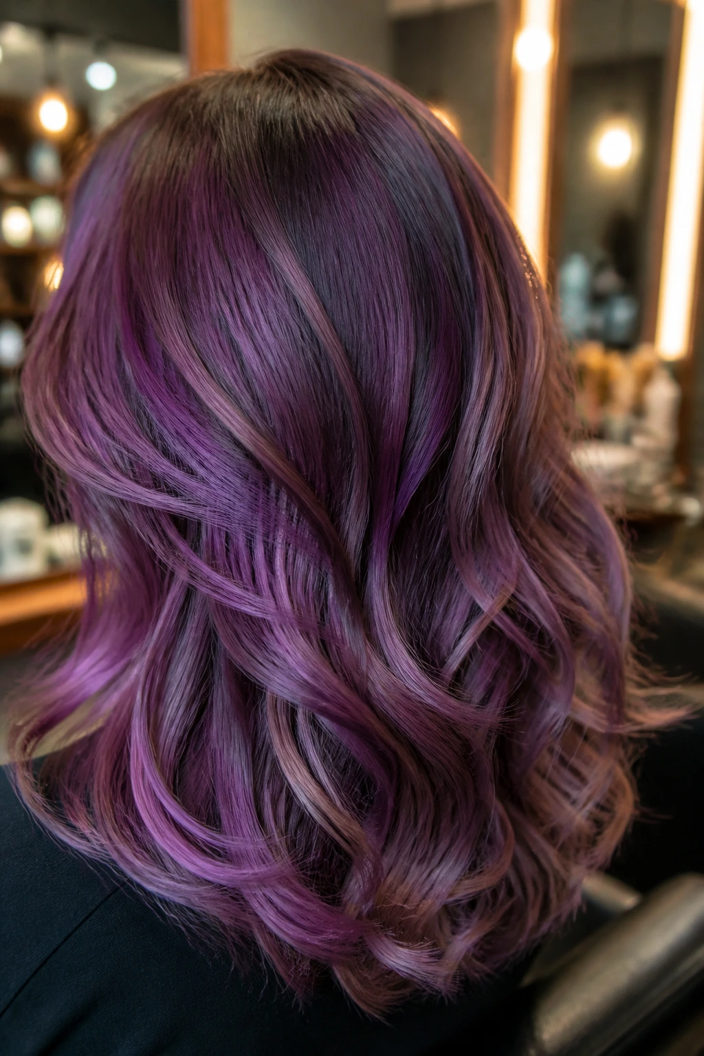 Hair close-up showing purple undertones of violet, plum and mauve