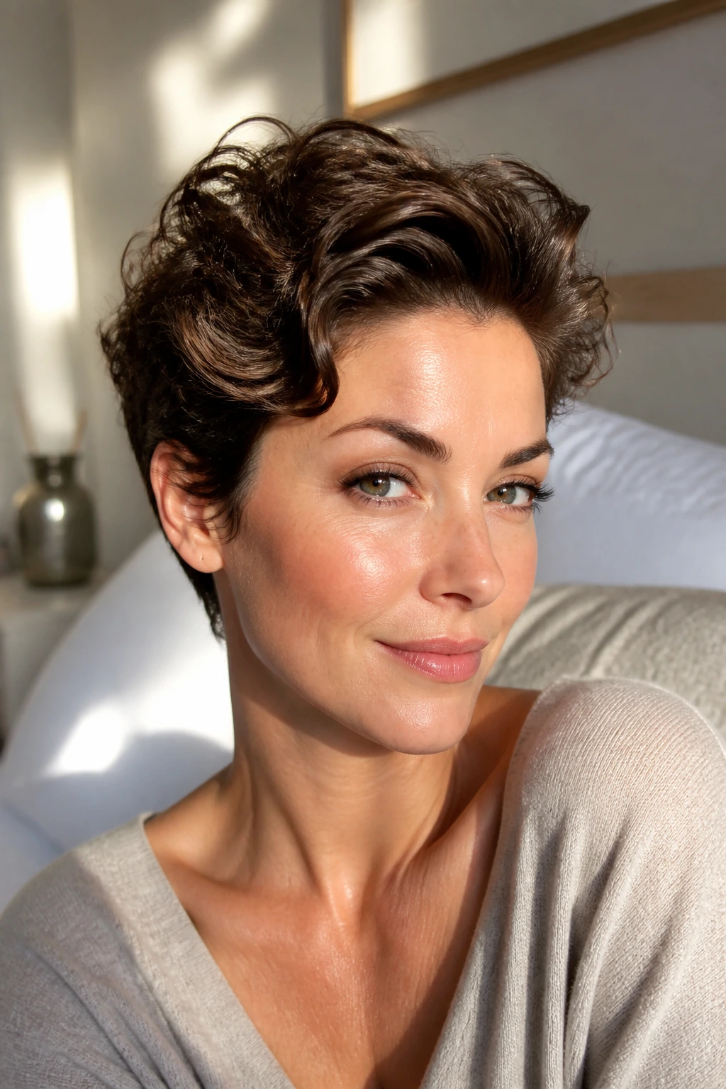 Portrait of a woman with Soft Pushed-Back Pixie in warm morning light.