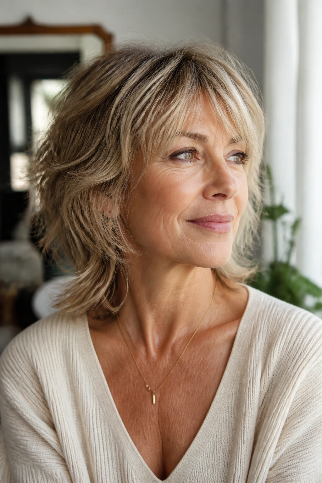 Thoughtful portrait of a woman considering a loose shag haircut.
