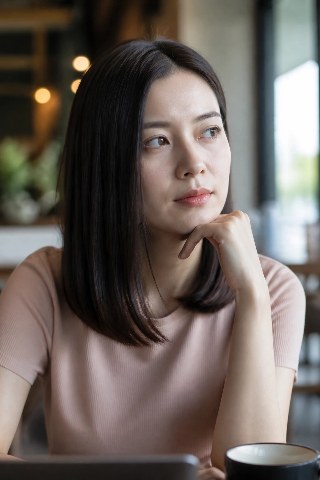 Person in thoughtful pose considering straight-hair cut options