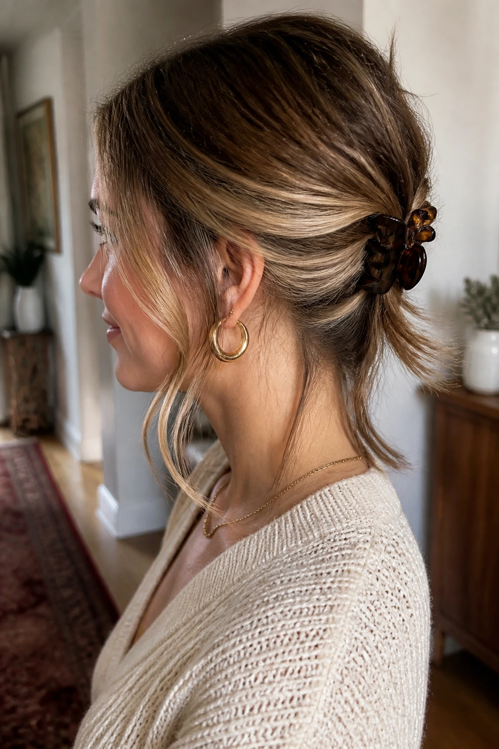 Woman with quick clip twist showing a back twist with a claw clip