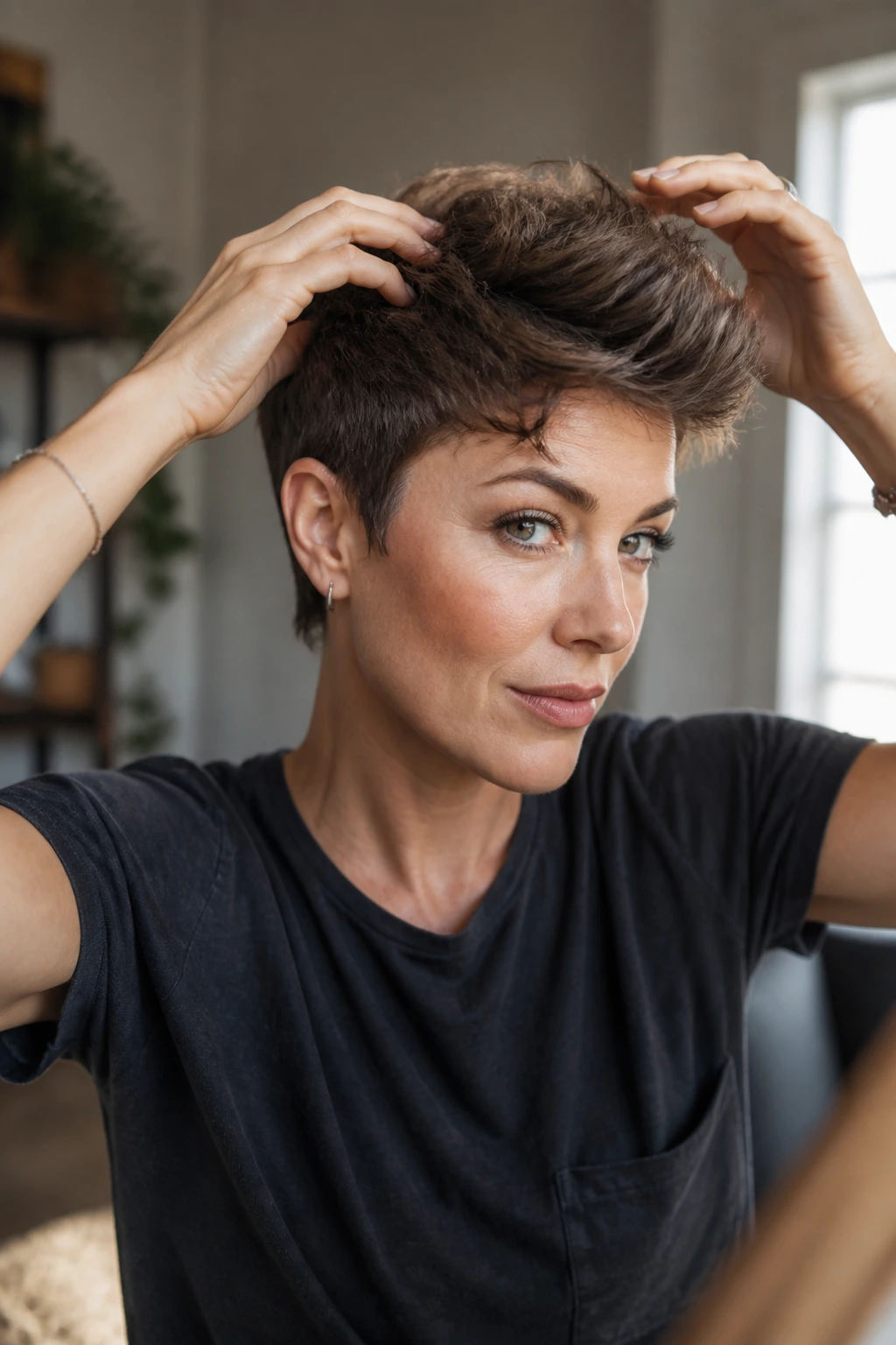 Real woman styling a thick pixie cut quickly in a home setting.