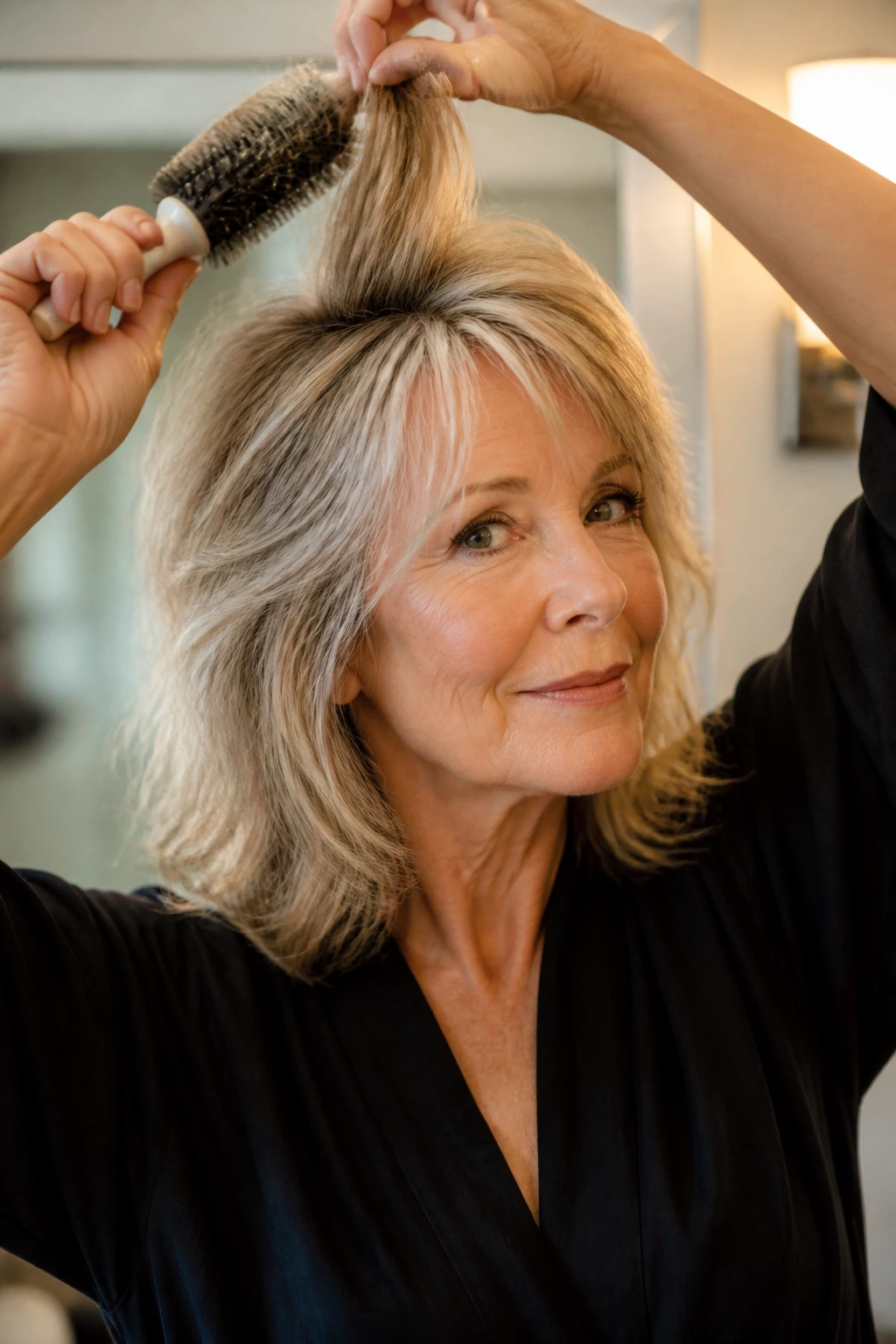 Portrait of an older woman styling her medium-layered hair with lift at the crown