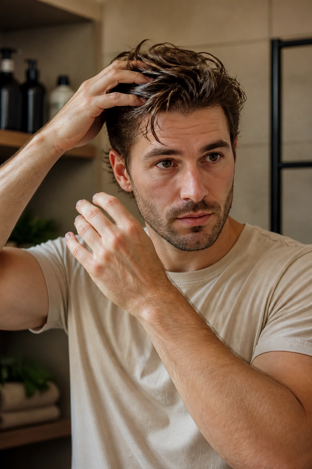 Portrait of a man in a bathroom shaping damp hair with his hands for a quick routine.