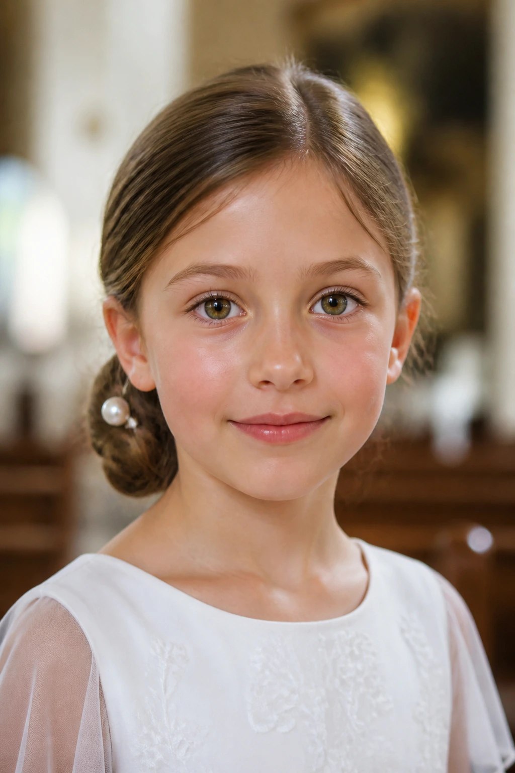 Front-facing portrait of a girl with a neat bun at the nape for First Communion in a church