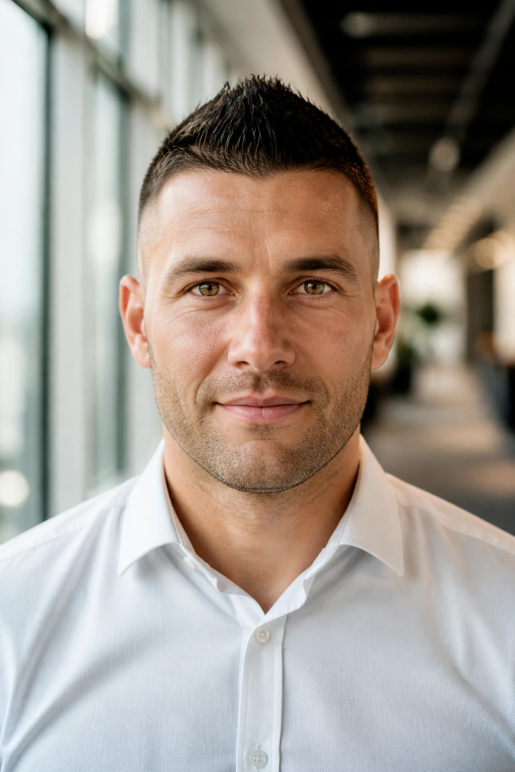 Close-up of a man with a quiet mohawk in a modern office setting