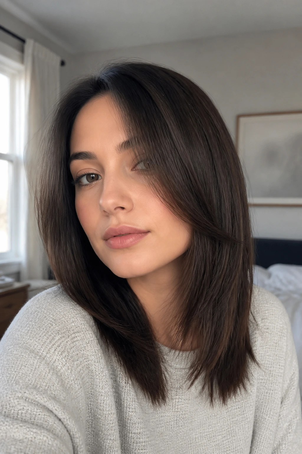 Close-up portrait of a real woman with Quiet Straight-Hair Shag in soft bedroom light