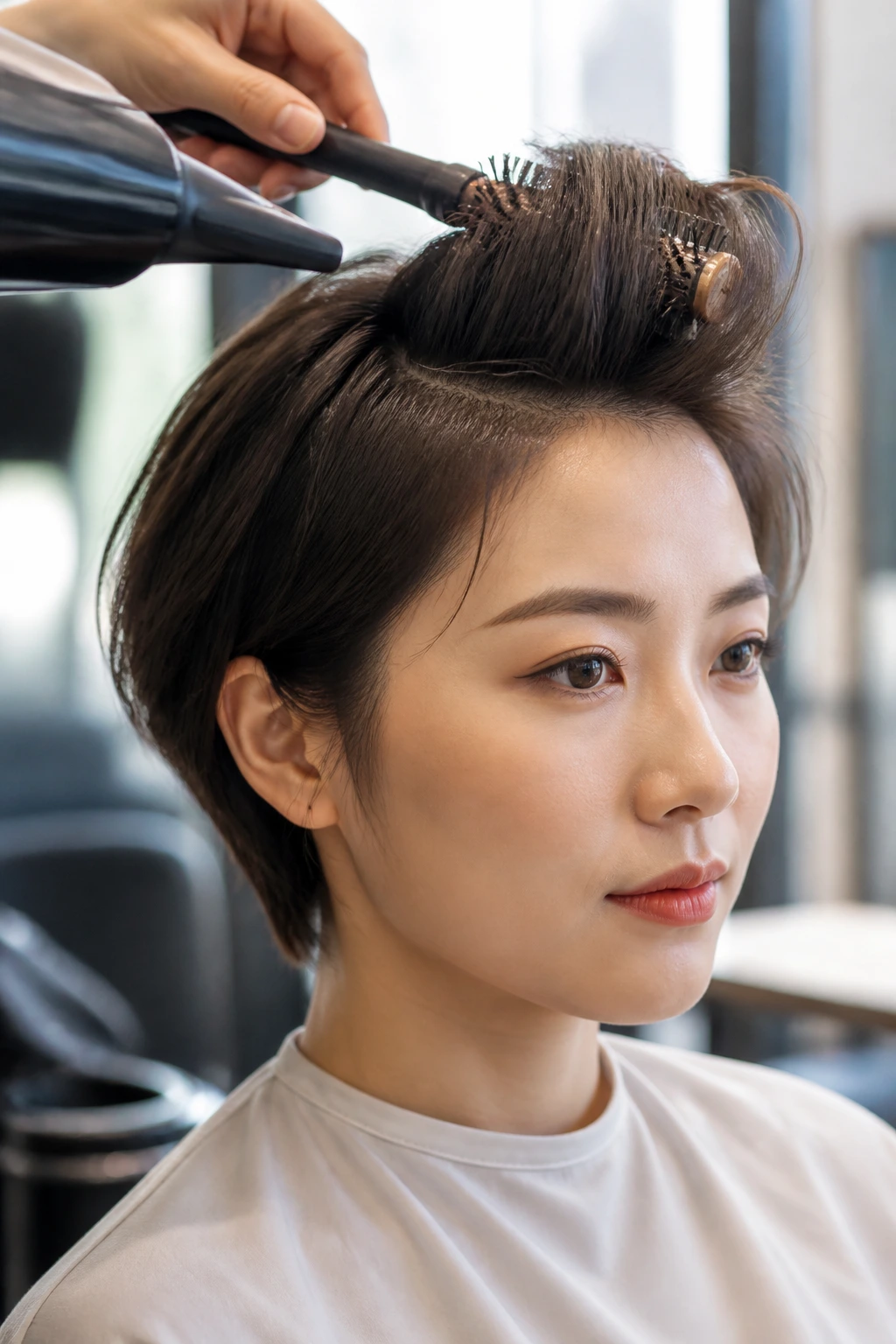Close-up portrait of a real Asian woman with a quiff being blow-dried in a salon