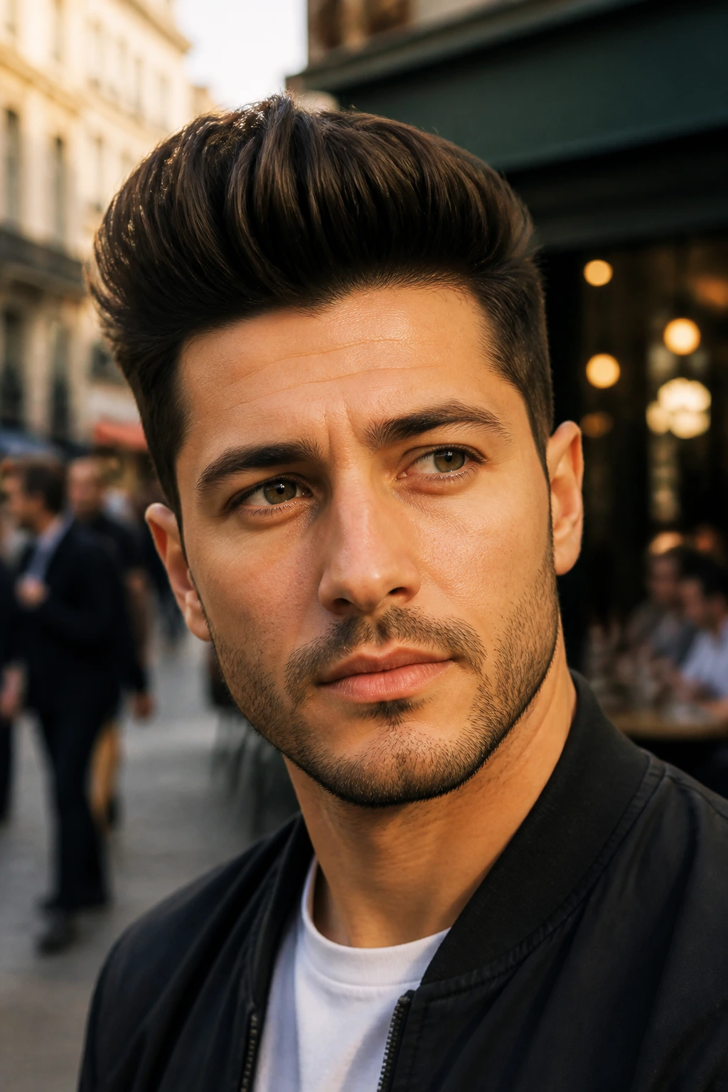 Portrait of man with quiff hairstyle featuring front-height volume
