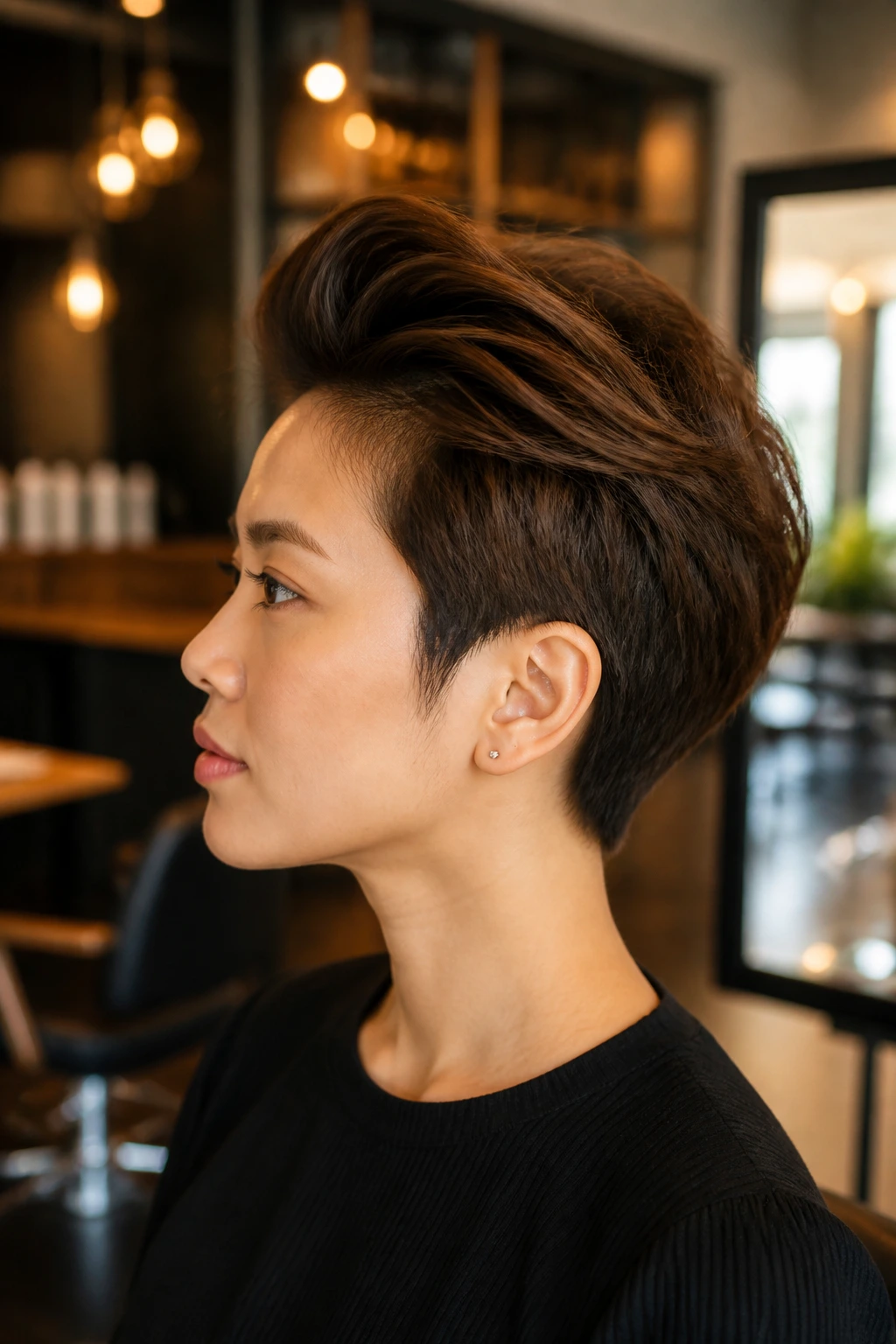 Side-profile of an Asian woman with a flattering quiff height.