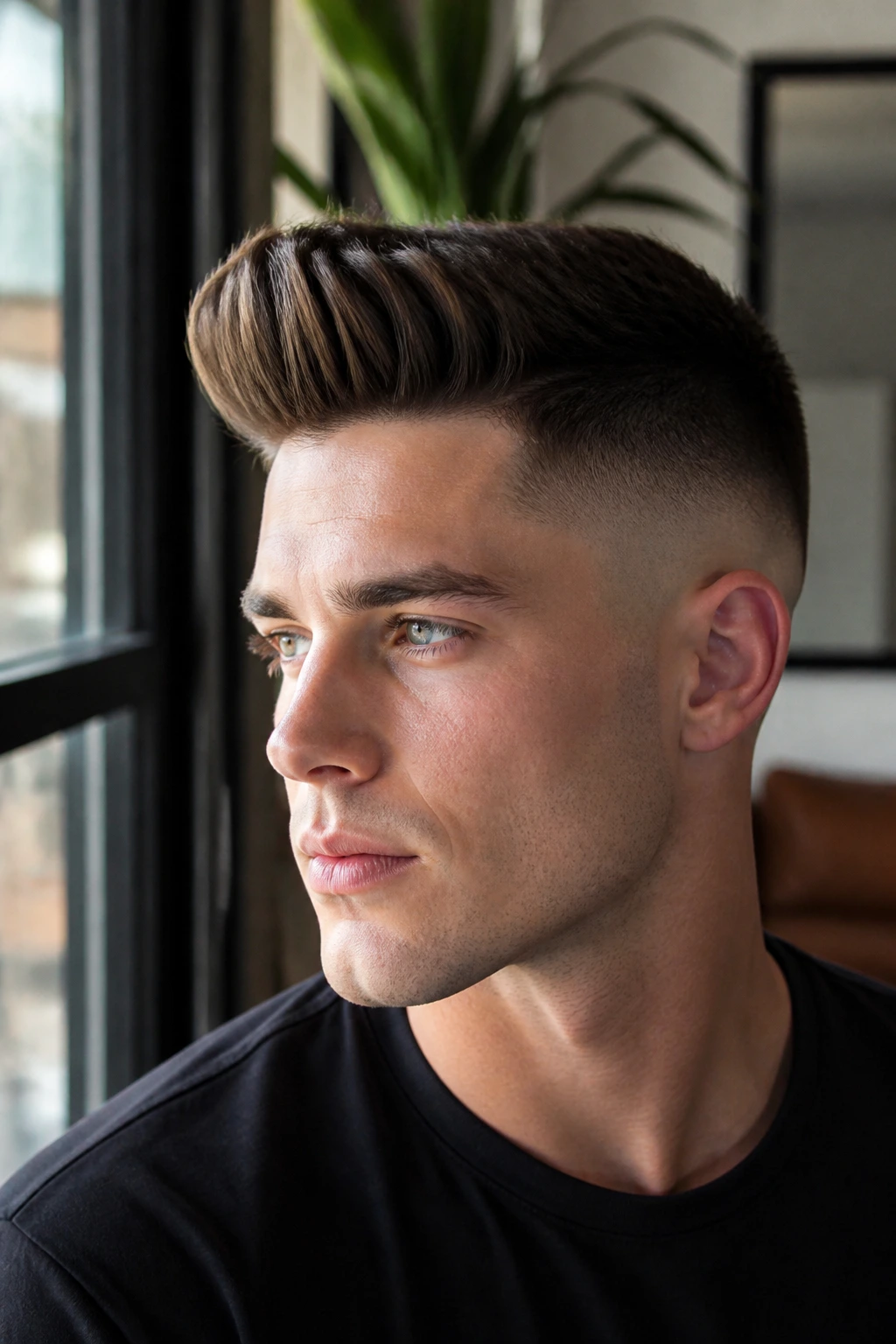 Close-up portrait of a man with a quiff and high fade hairstyle.