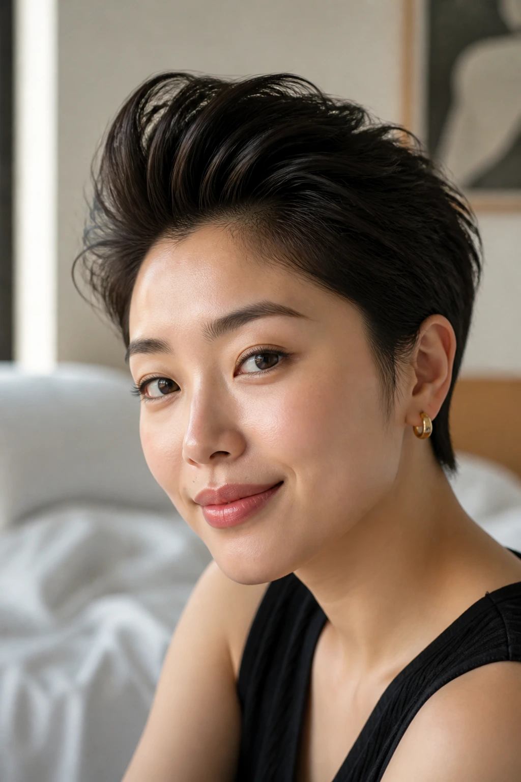 Close-up portrait of a real Asian woman with a crown-lifted quiff.
