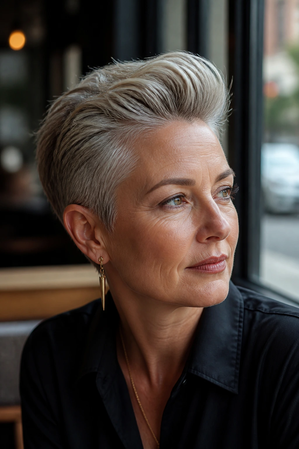 Portrait of a woman with swept-back quiff pixie hairstyle in daylight at a cafe window