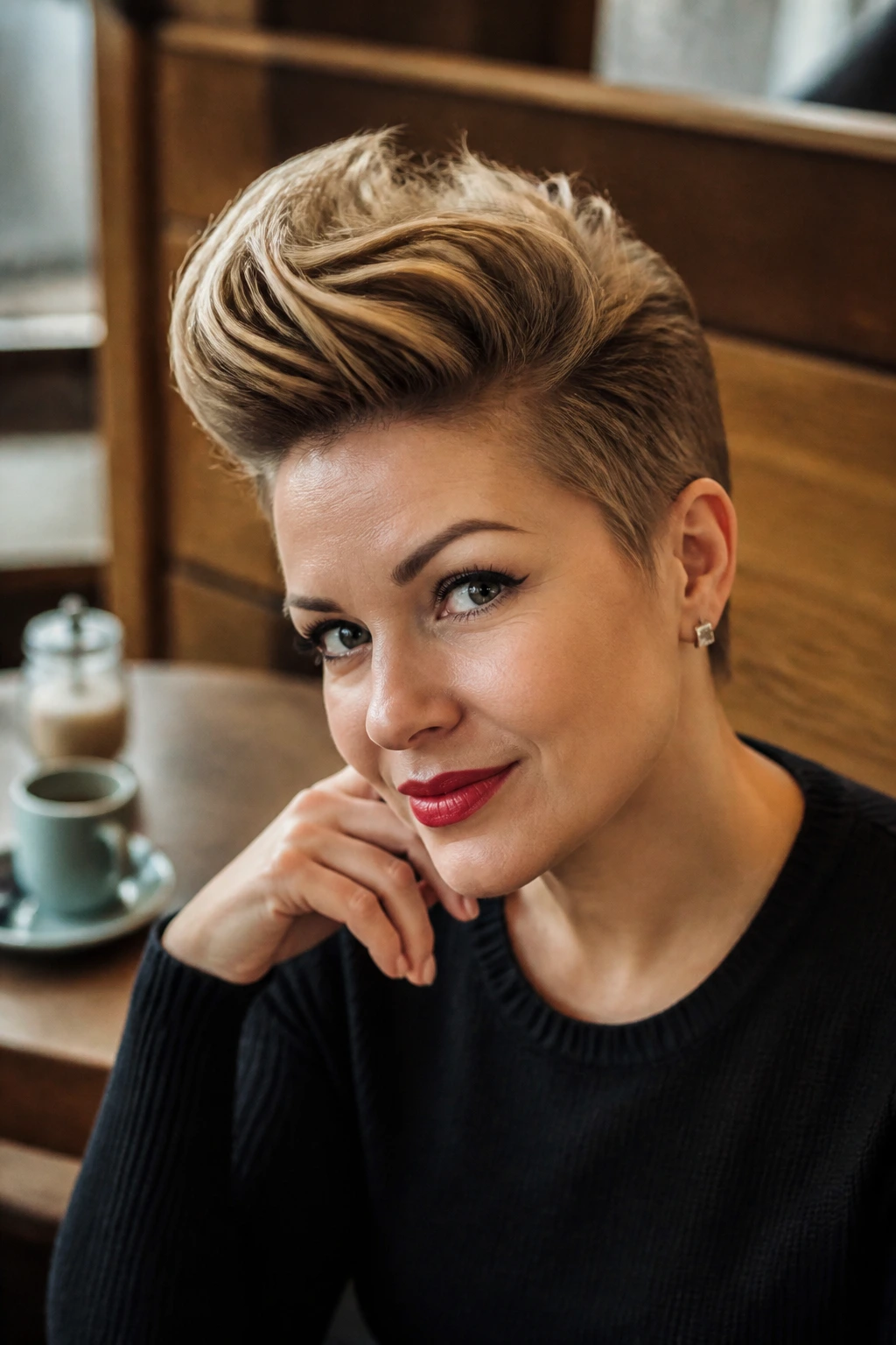 Close-up portrait of a real woman with retro quiff pixie in warm cafe lighting.