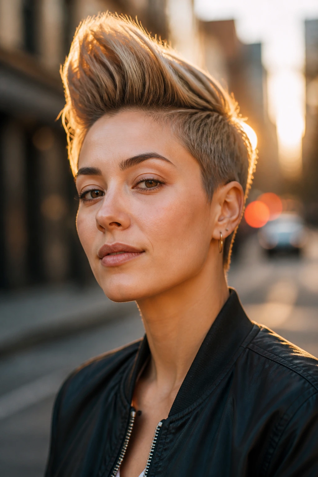 Portrait of a person with a sculpted quiff pixie hairstyle in an urban setting