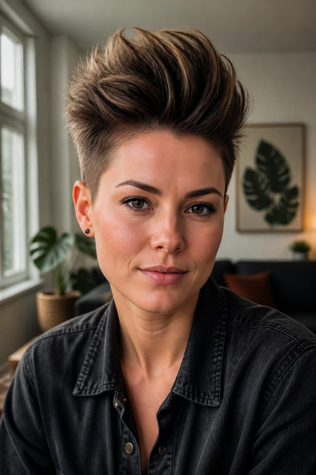 Portrait of a real woman with a high-volume quiff pixie