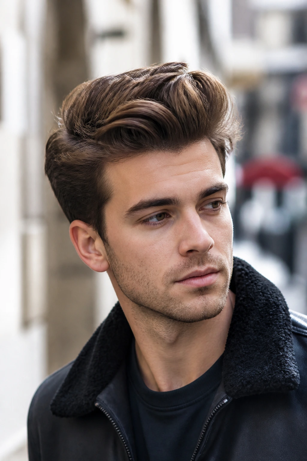 Close-up portrait of a man with a loose quiff-pomp hairstyle outdoors