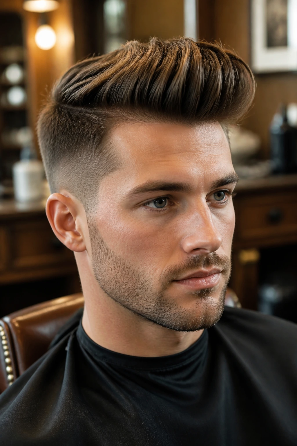 Close-up portrait of a man with a classic quiff hairstyle in a barbershop setting