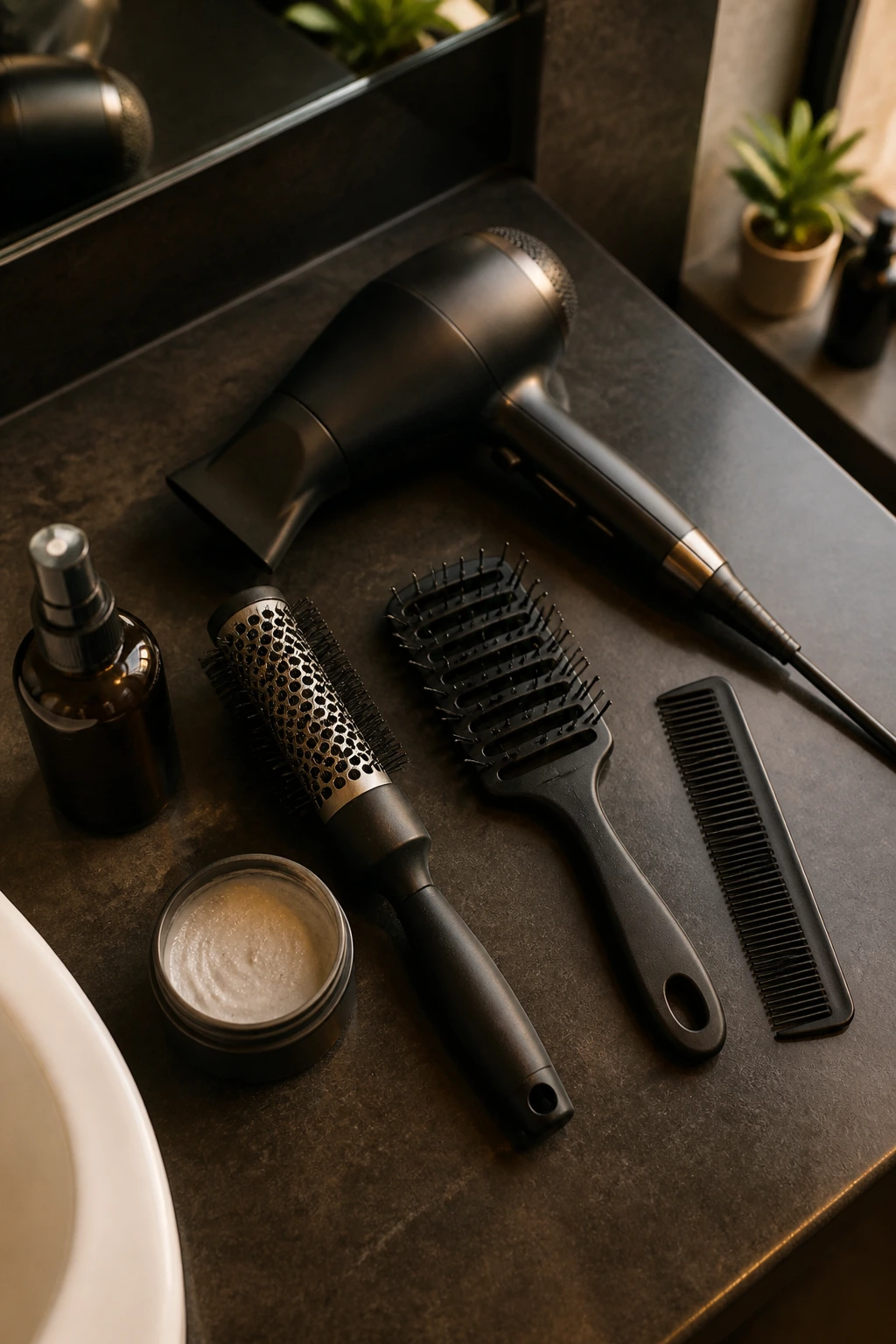 Close-up of quiff styling tools arranged on bathroom counter