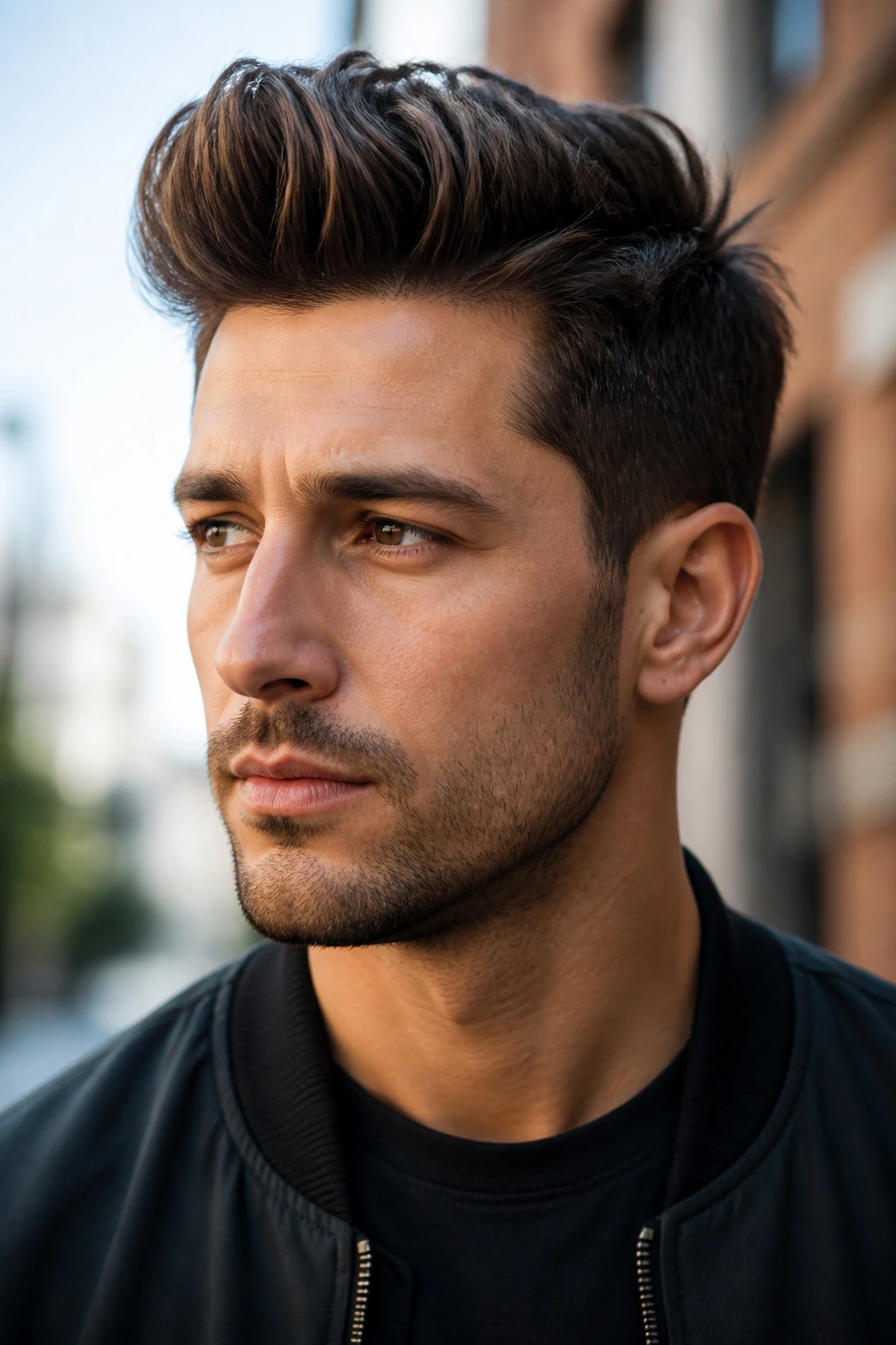 Close-up of a real man with a thick quiff in natural daylight.