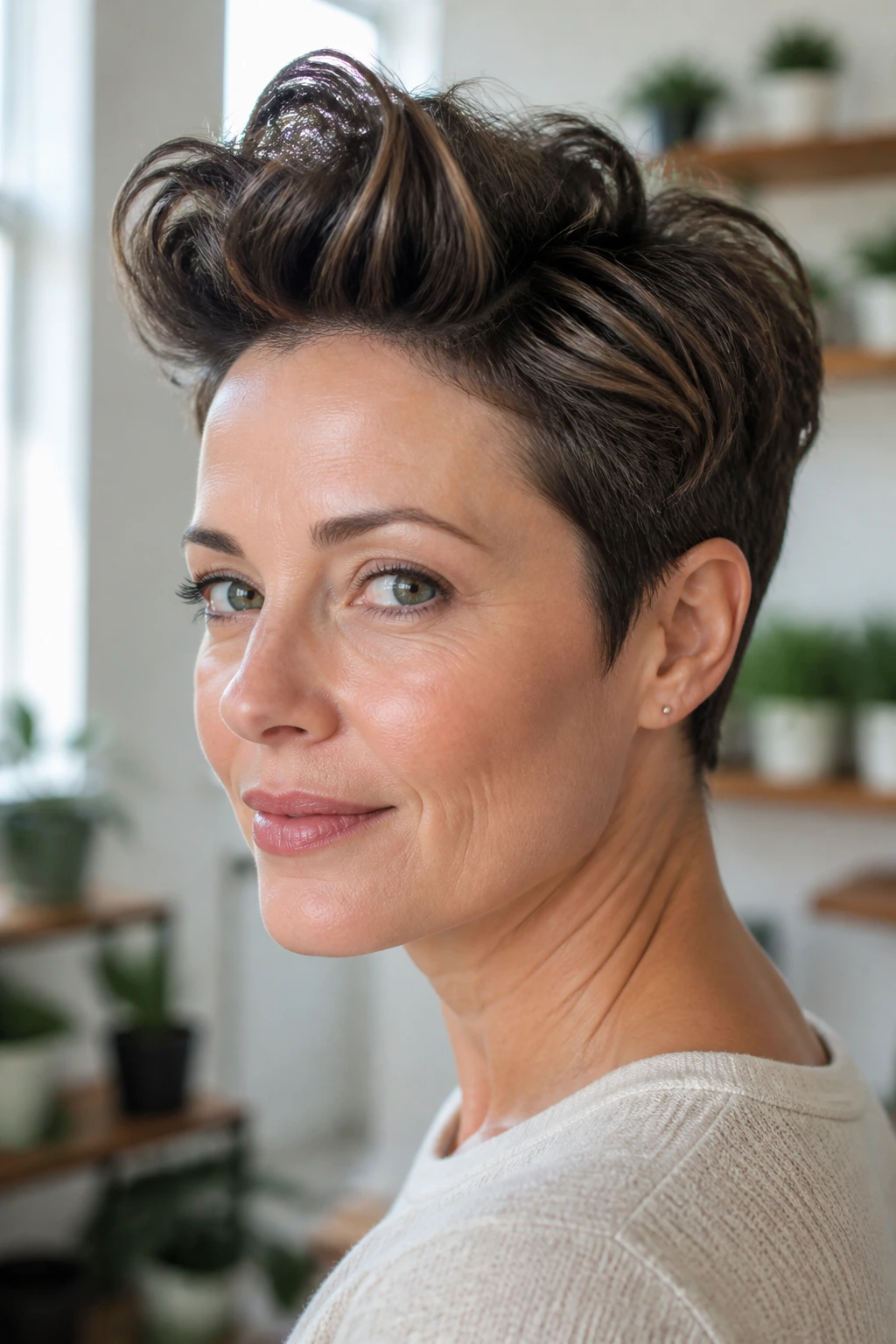 Close-up portrait of a real woman with quiff-top pixie hairstyle