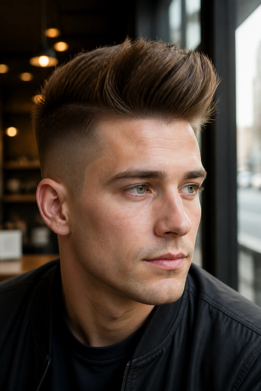 Close-up portrait of a real person with a tall quiff and shaved undercut in natural daylight.