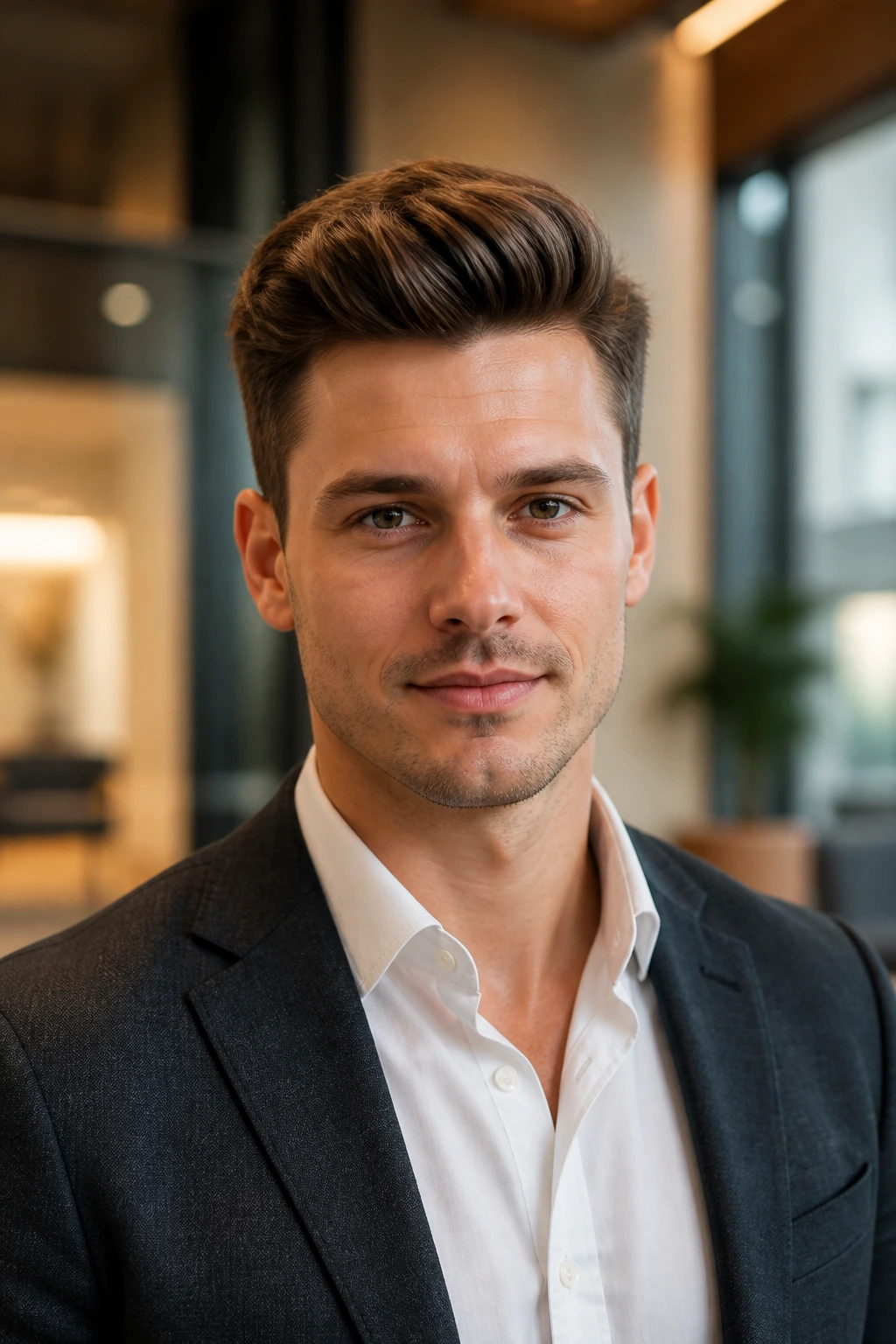 Portrait of a man with a versatile quiff in a work-appropriate style in an office setting