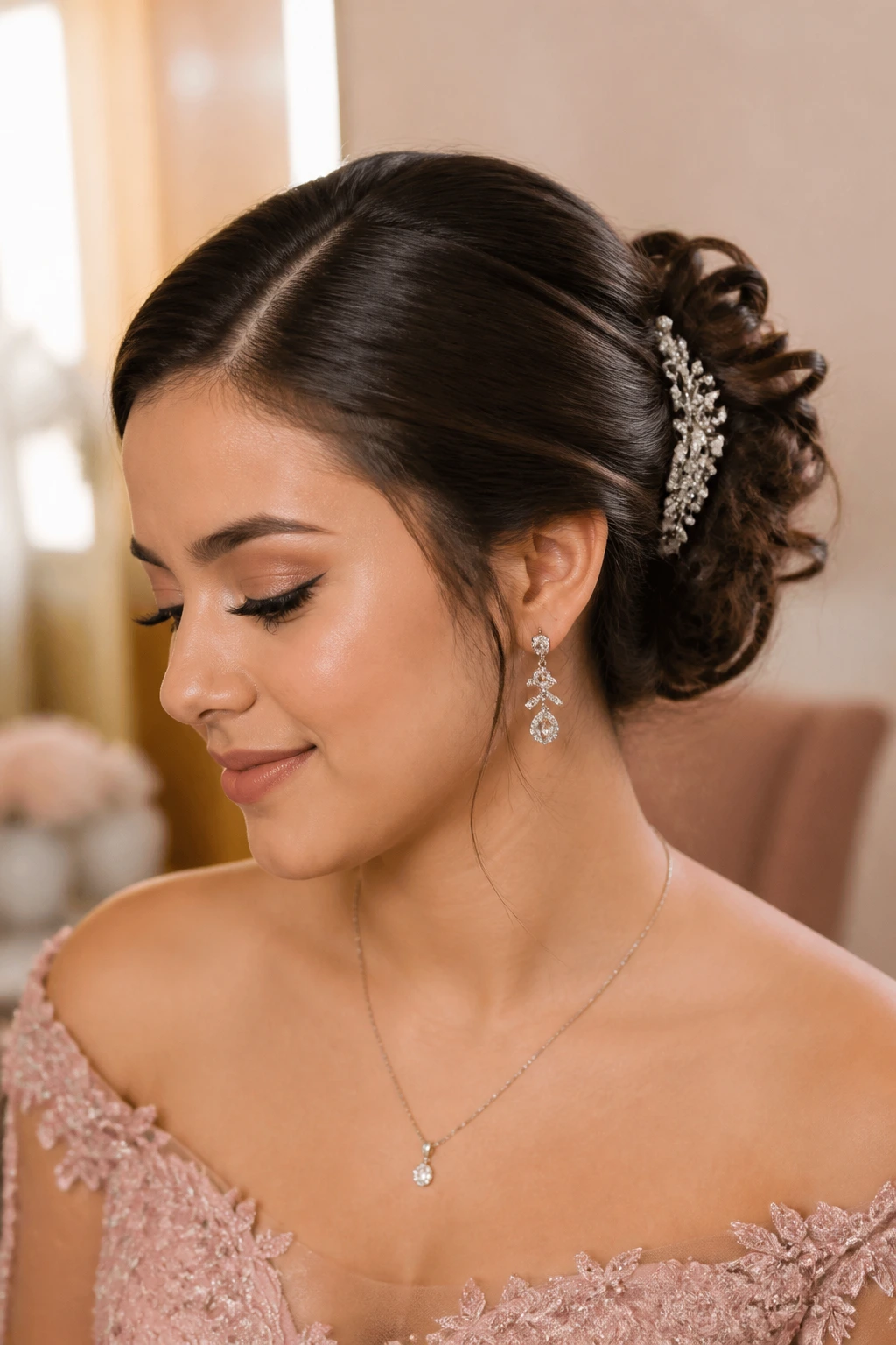 Close-up of a real woman with a polished quinceañera hairstyle in warm dressing room light