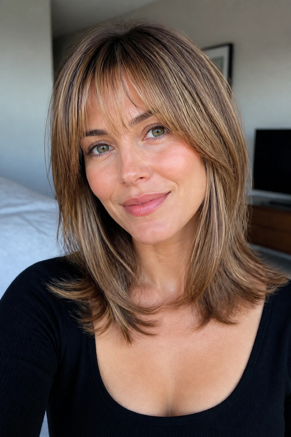 Portrait of a woman with Rachel-inspired layers and airy fringe under warm window light