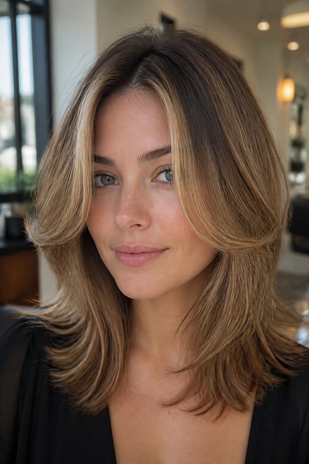 Portrait of a real person with a Rachel-inspired mid-length cut showing front swing and fuller layers.