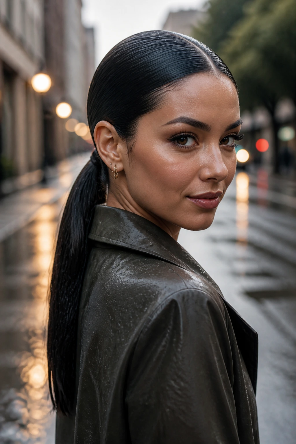 Portrait of a person with a rain-ready sleek ponytail outdoors in drizzle