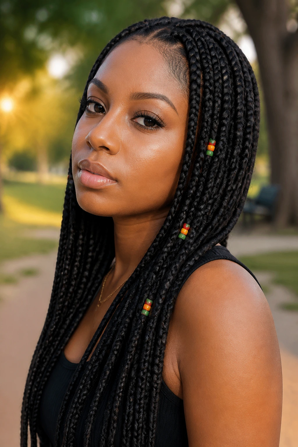 Woman with subtle rainbow bead accents on knotless braids