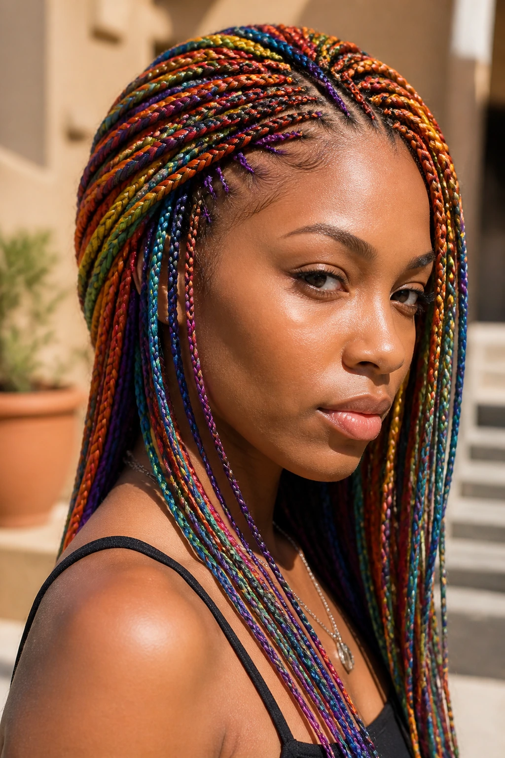 Close-up portrait of a real person with rainbow micro braids around the head