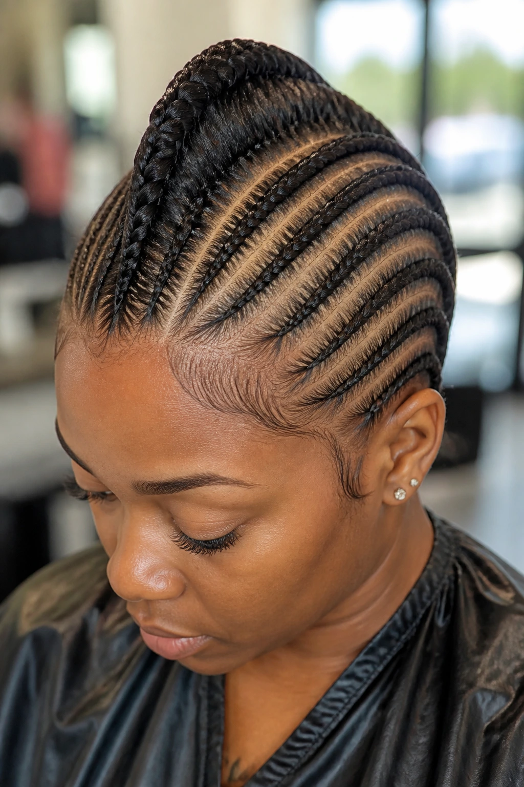 Close-up of a real person with a raised center ridge formed by side cornrows