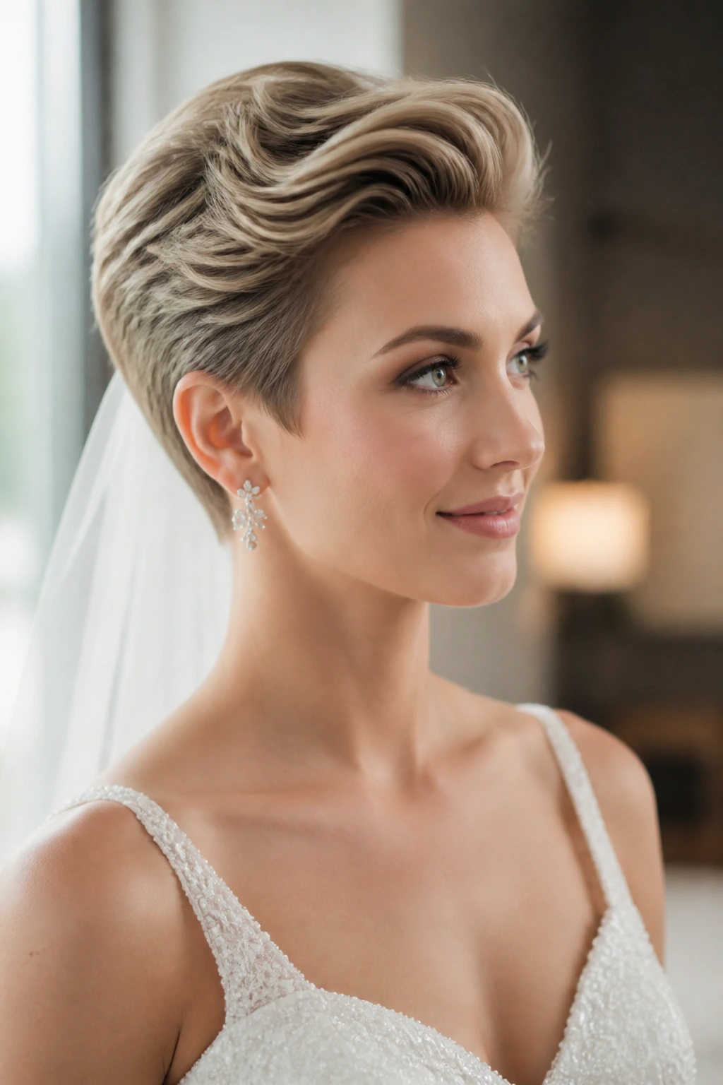 Real bride with raked-back pixie, face open and elegant.