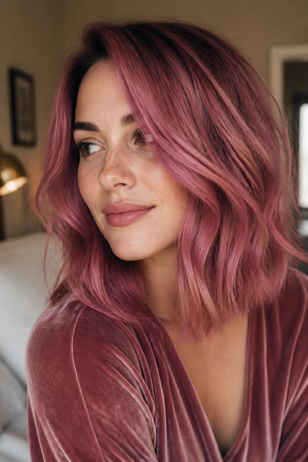 Close-up of a woman with a soft raspberry lob hairstyle