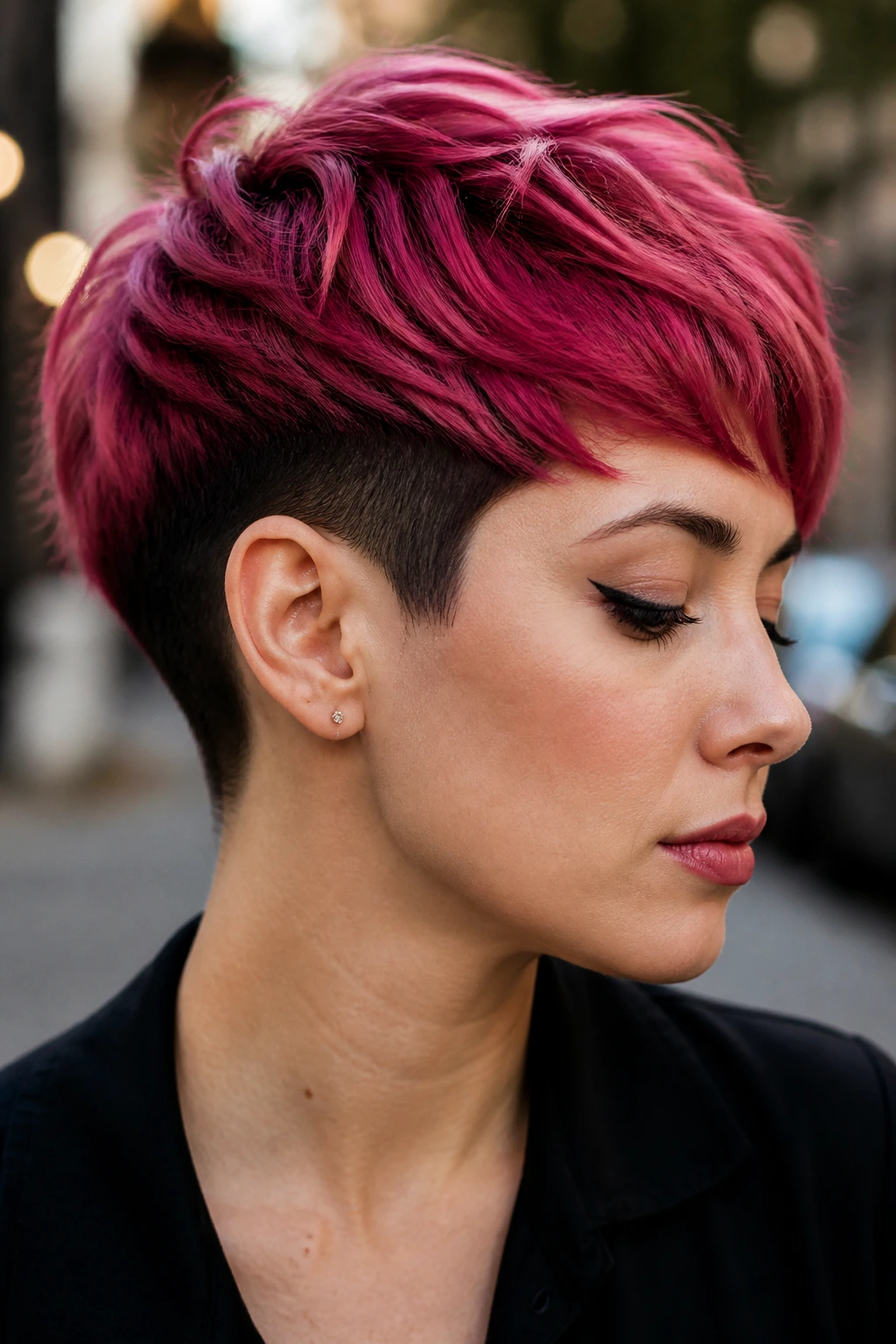 Side-profile close-up of a real woman with raspberry undercut pixie