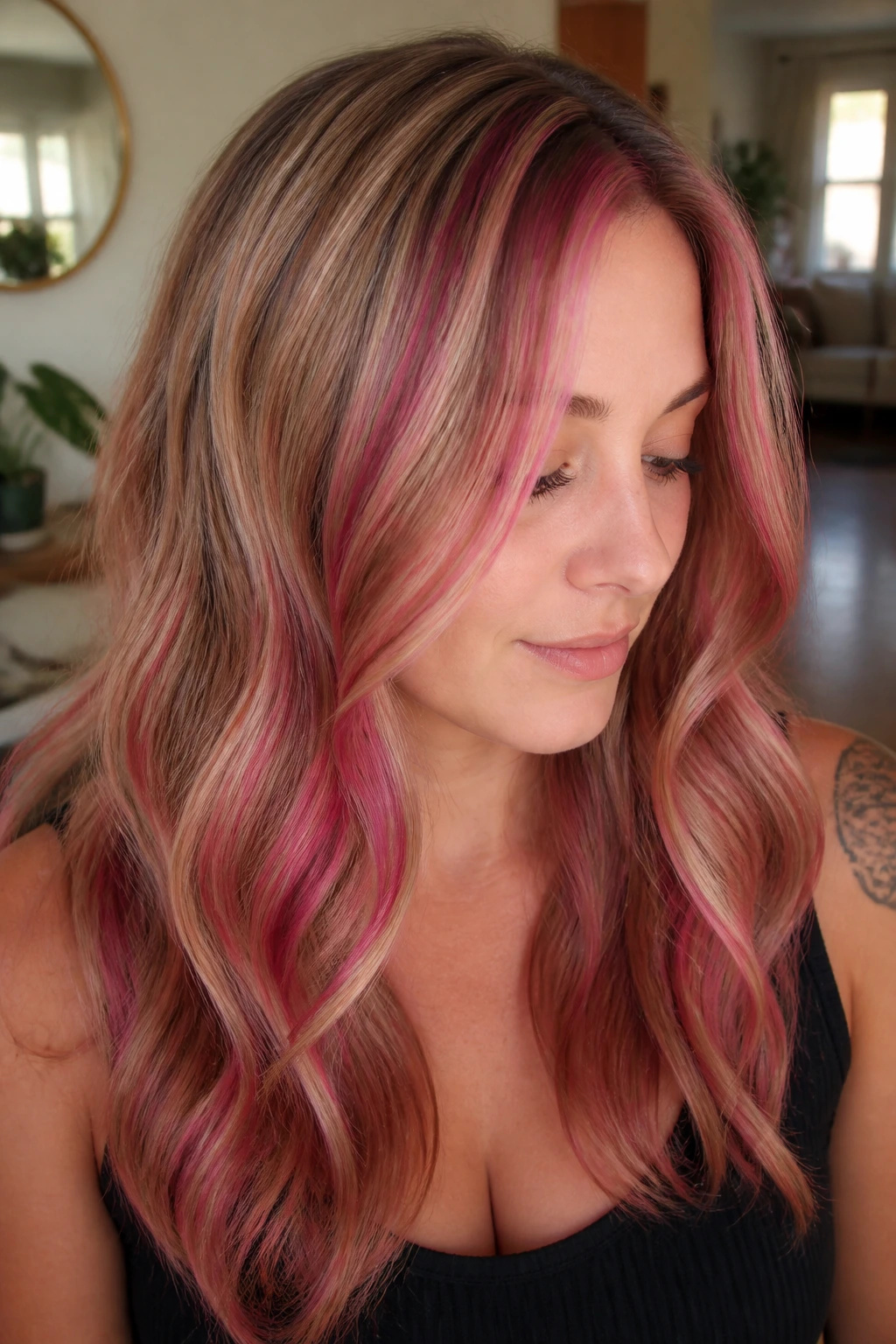 Beige blonde hair with narrow raspberry pink ribbons highlights.