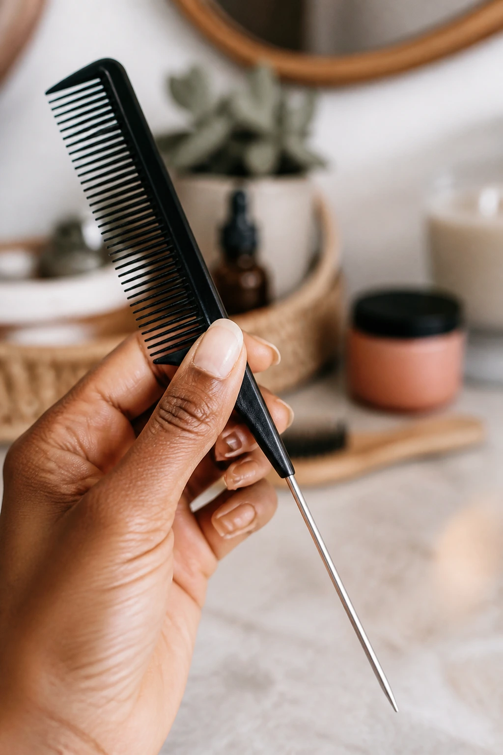 Close-up of a rat-tail comb in hand with blurred background.