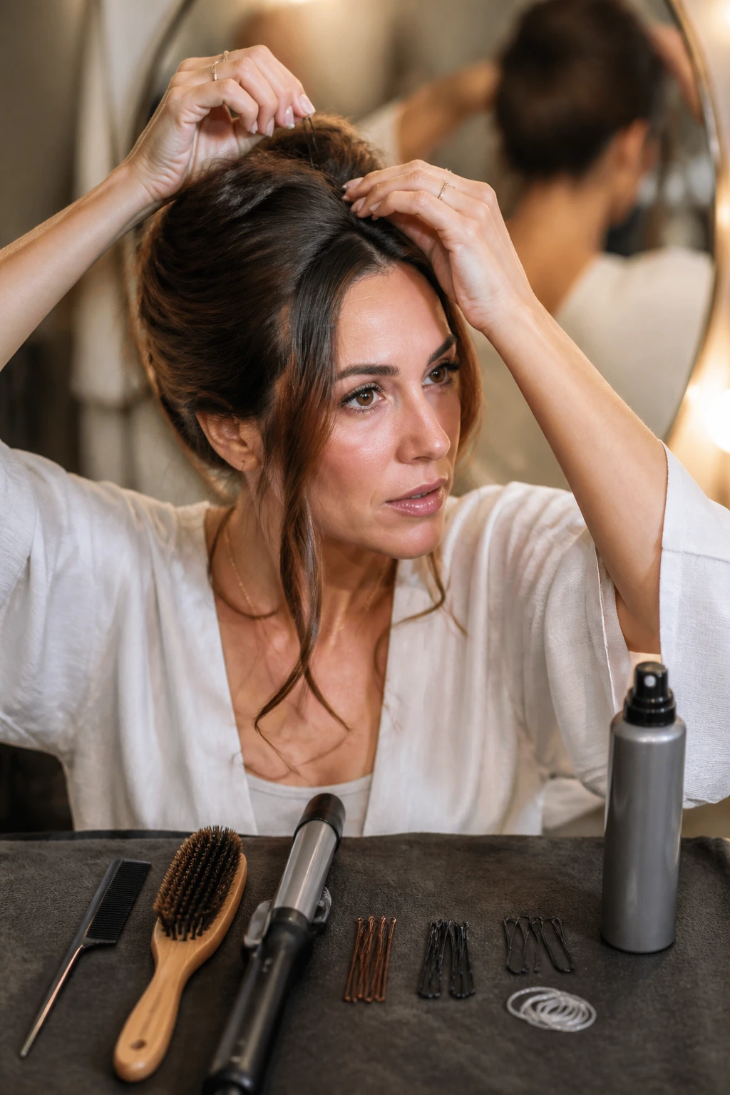 Woman adjusting her updo with visible bobby pins in hair.