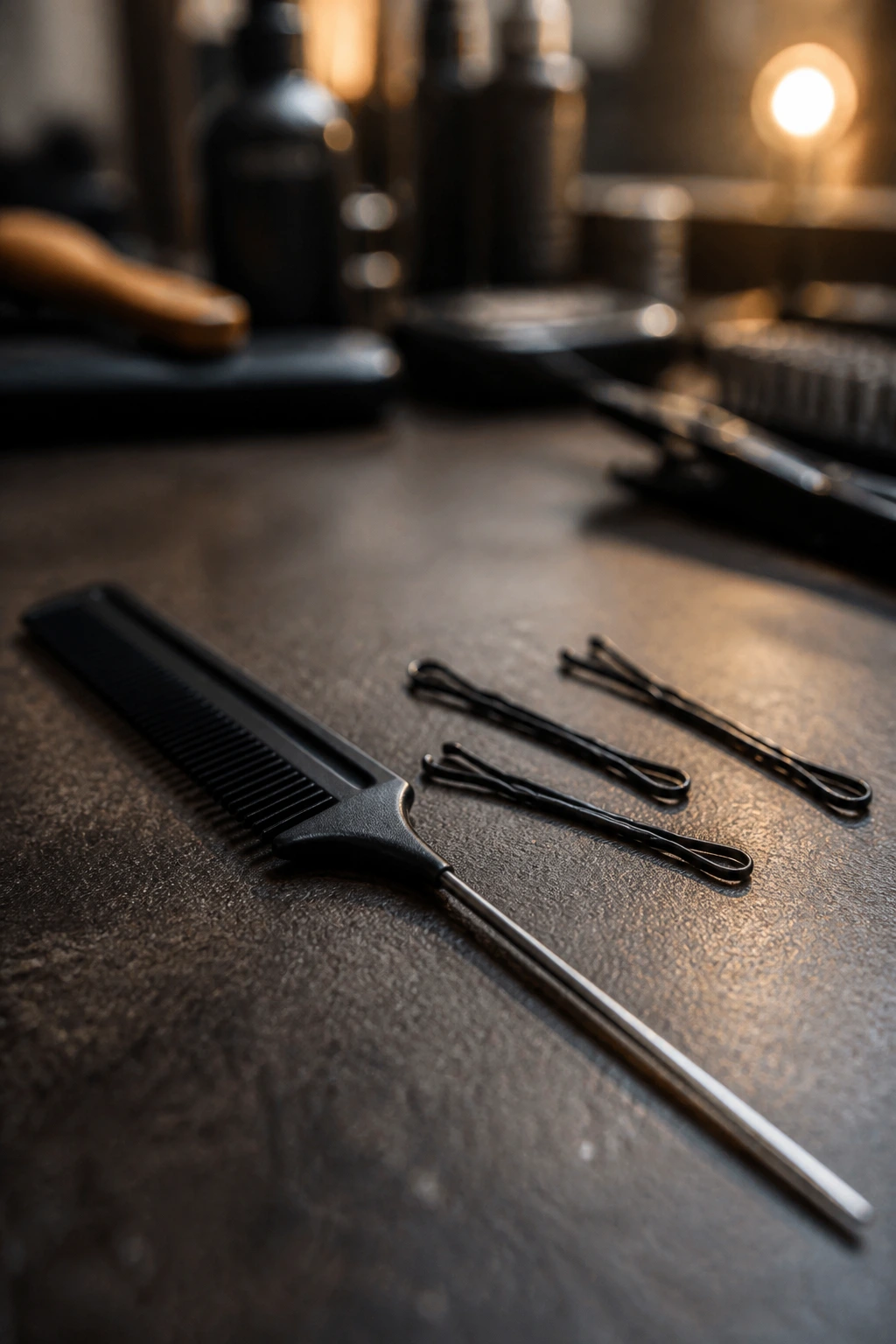 Macro of rat-tail comb and bobby pins in a salon setting