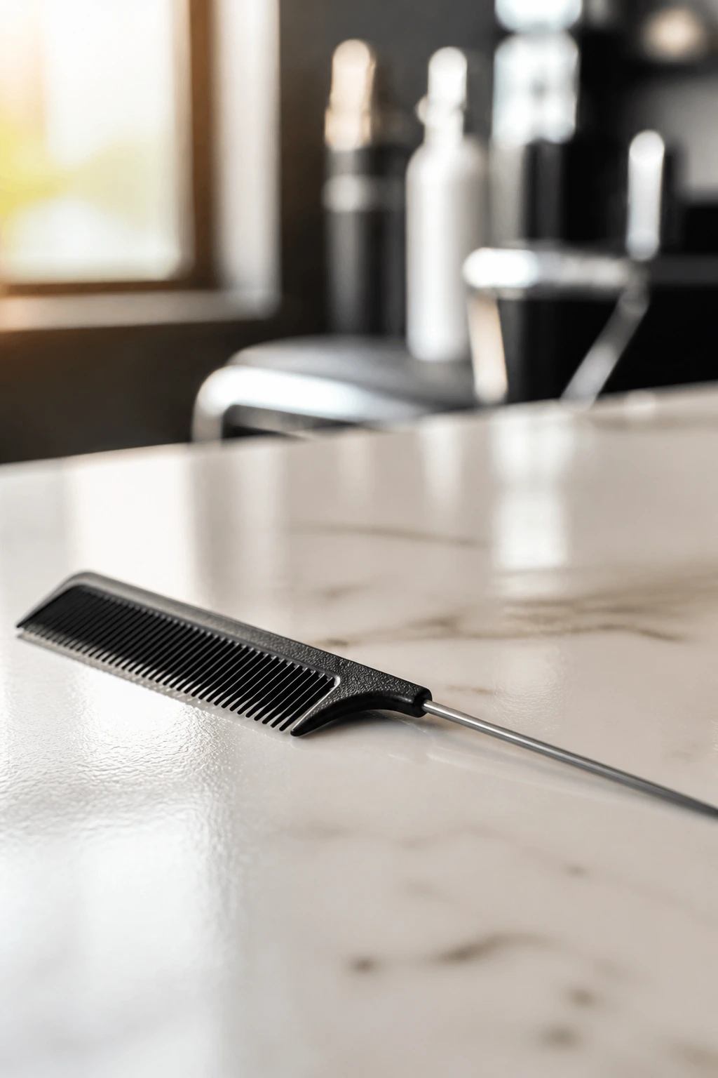 Rat-tail comb on a clean surface in a salon setting.