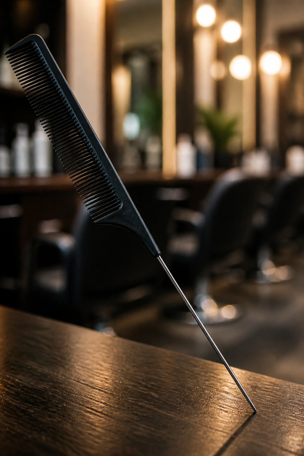 Close-up of a rat-tail comb on a salon counter representing essential hair tools.
