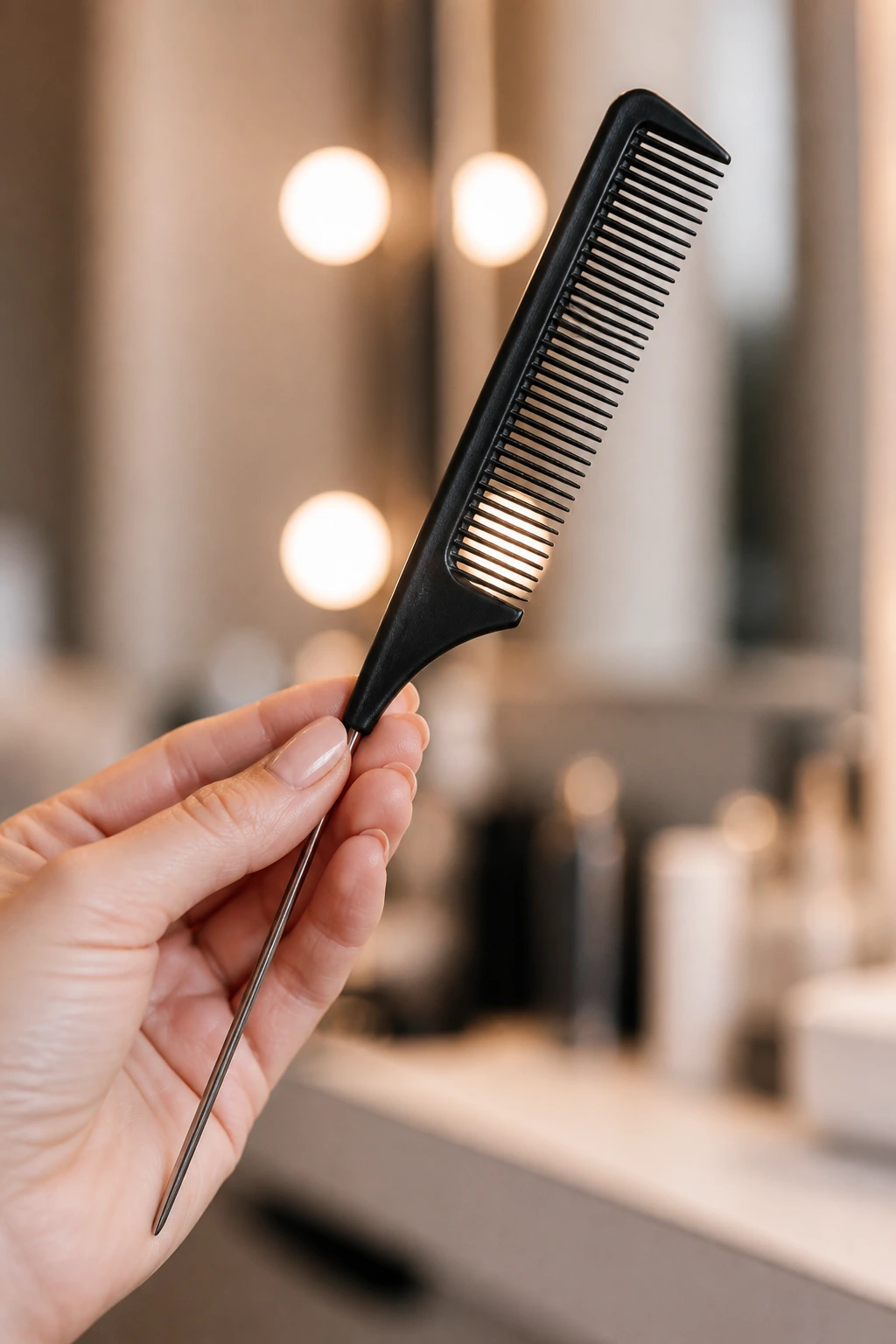 Close-up of a rat-tail comb held by a hand, essential tool for formal half-up looks.