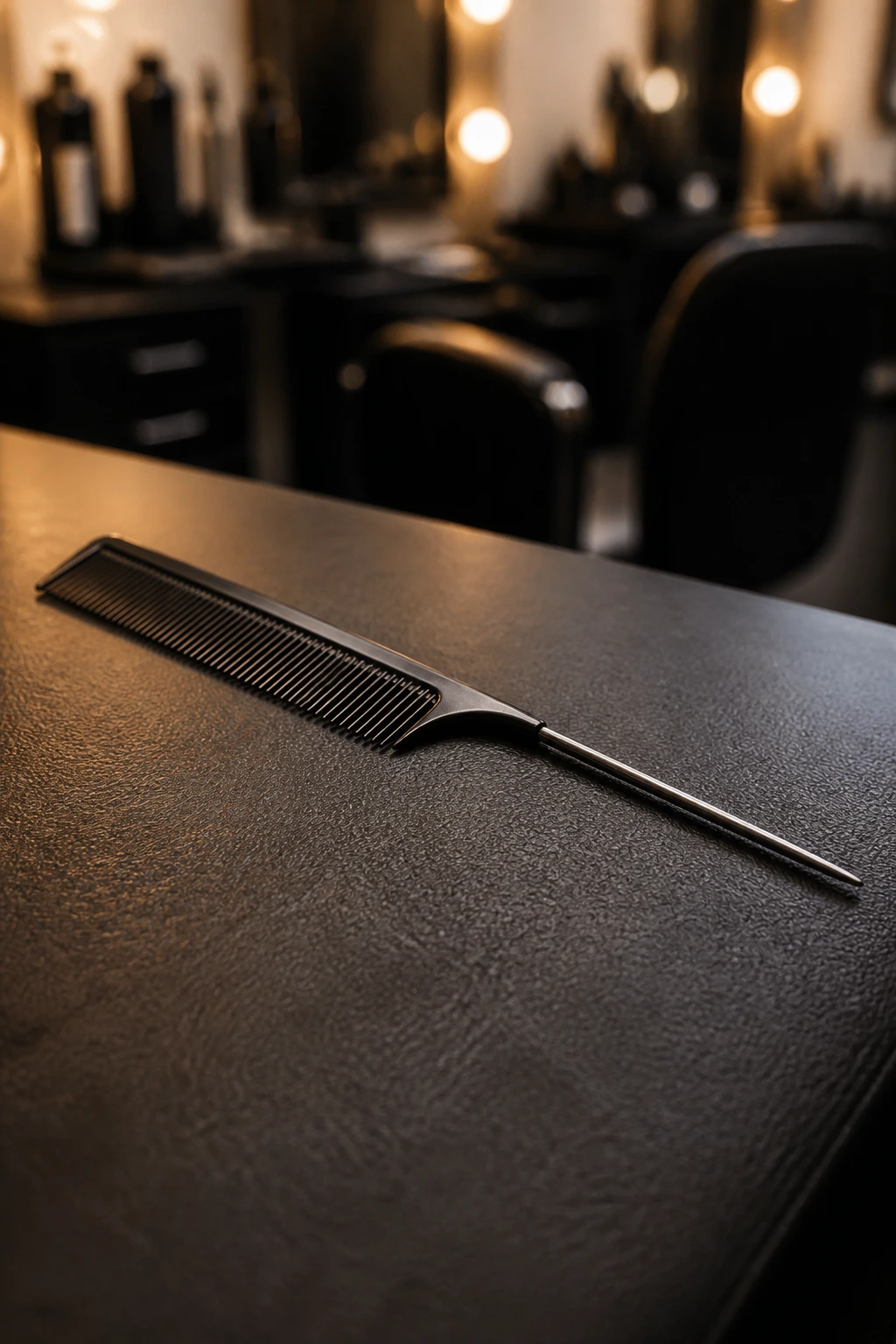 Close-up of a rat-tail comb on a salon surface.